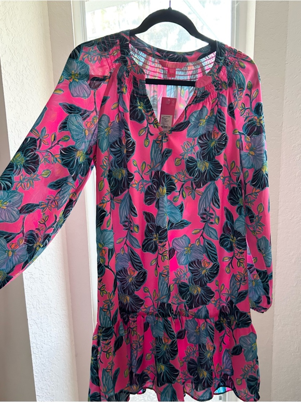 Lilly Pulitzer Lucee Hot Pink Floral Smocked Neck Long Sleeve Tunic Dress NWT